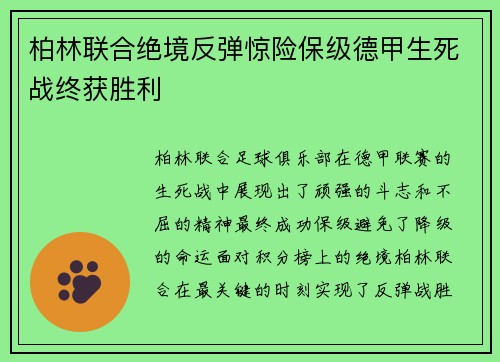柏林联合绝境反弹惊险保级德甲生死战终获胜利
